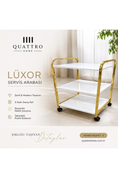 QUATTRO HOME Lüxor Beyaz Gold Servis Arabası - 3 Katlı Tekerlekli Raflı Sunum...
