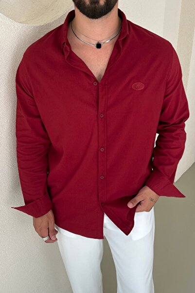OUTFİT MAN R Minimal Κεντημένο Πουκάμισο Oversize Κόκκινο Βουργουνδίας