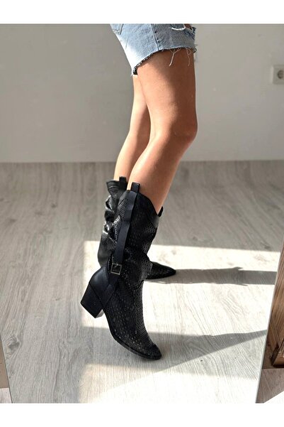 Favi Ayakkabı Black Leather Belt Detailed Perforated Summer Boots
