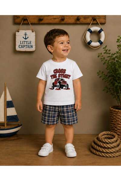 krm kerem bebe Car Patterned T-Shirt & Plaid Shorts Two-Piece Boys' Set