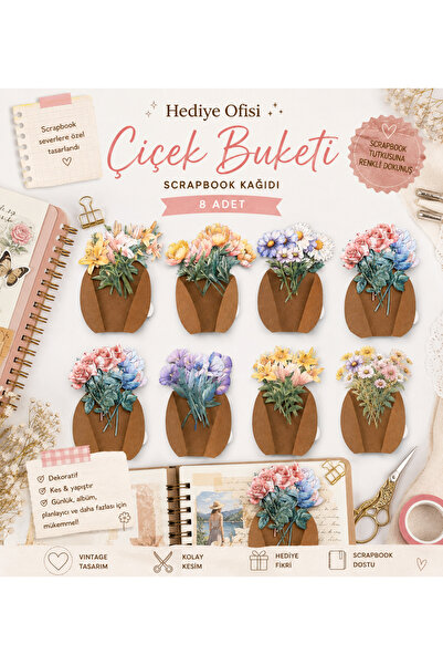 hediyeofisi Çiçek Buketi Scrapbook Kağıdı 8 Adet