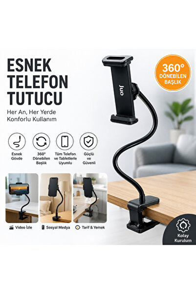 Esnek Masa Telefon ve Tablet Tutucu 360° Döner Başlıklı Güçlü Kelepçeli Stand Siyah