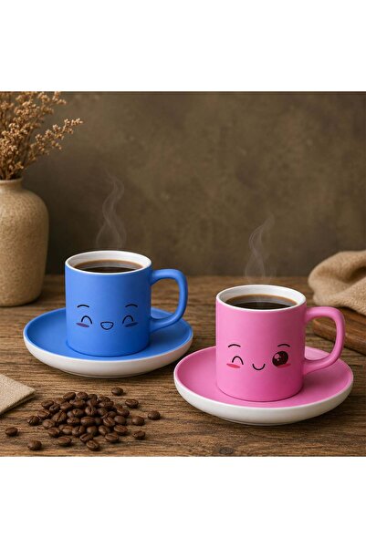 Bk Gift Set of 2 Blue and Pink Colored Emoji Face Design Ceramic Turkish Coff...