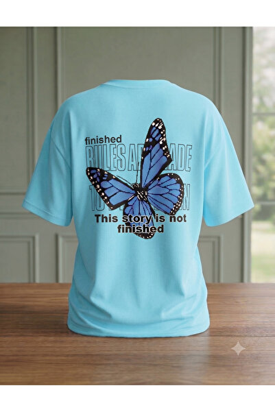 KOZİA OUTDOORS Women's Blue Kekebek Printed Oversized Crew Neck T-Shirt