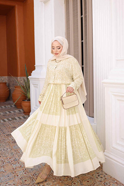 İmajButik Yeşil Desenli Gömlek Etekli Takım