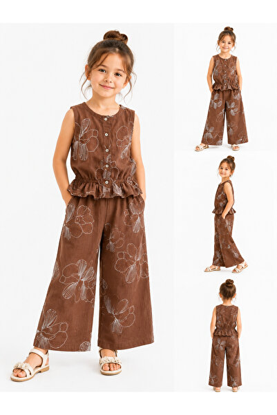JABBER Devojčica, smeđa bluza bez rukava sa cvetnim uzorkom i set pantalona, ...