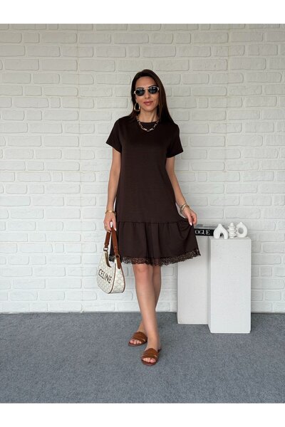 Goncalya Lace Skirt Modal Dress Brown