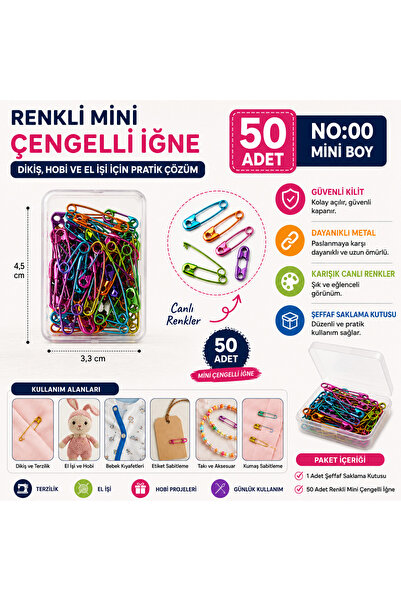 BaGiva 50 Adet Renkli Mini Çengelli İğne No:00 - Metal Güvenlik İğnesi - Diki...