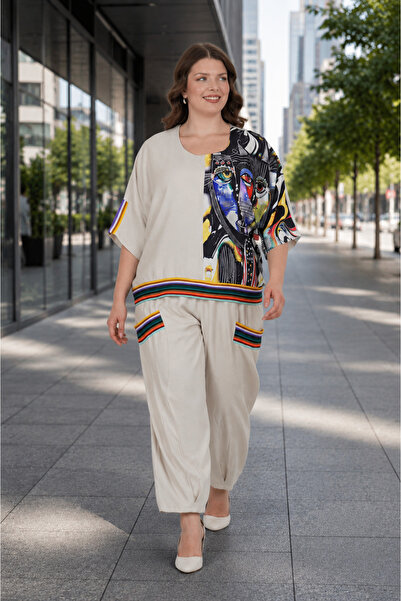 DARKWIN Plus Size Crew Neck Printed Stone Embroidered Elastic Waist Loose Leg...