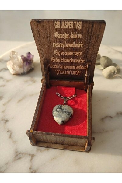 Meneva Aksesuar Gray Jasper Stone Natural Stone Heart Model Necklace with Woo...