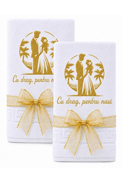 Ingift Set 2 Prosoape Brodate fir auriu, pentru Nunta, 100% Bumbac, 70 x 140 ...