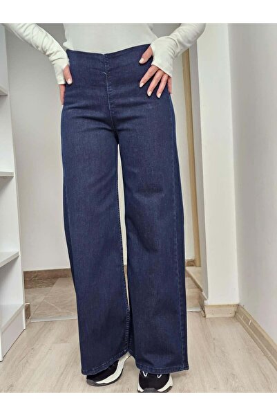 Felix Butik FELİX14229 Bel Lastikli Arka Cepli Palazzo Koyu Lacivert Jean Pan...