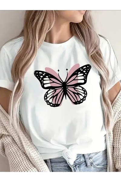 BASEPULSE Women's White-Look Short Sleeve T-Shirt with Pink & Black Butterfly...