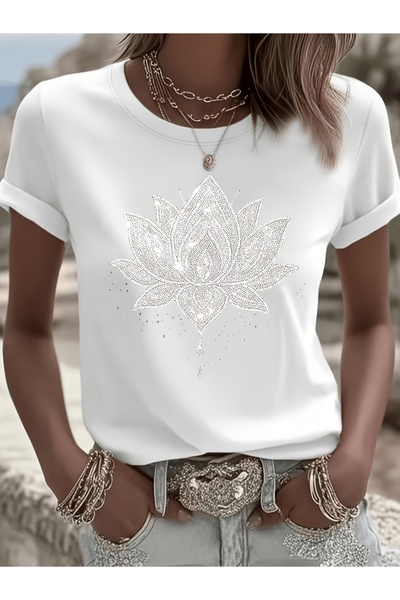 23 nisan Light Luxury Diamond Lotus Print White Short-Sleeved T-Shirt Women'S...