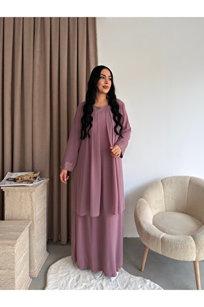 Miss Rosemoon Yeni Sezon Büyük Beden Tesettür 2’li Elbise Takım –Taş detaylı ...
