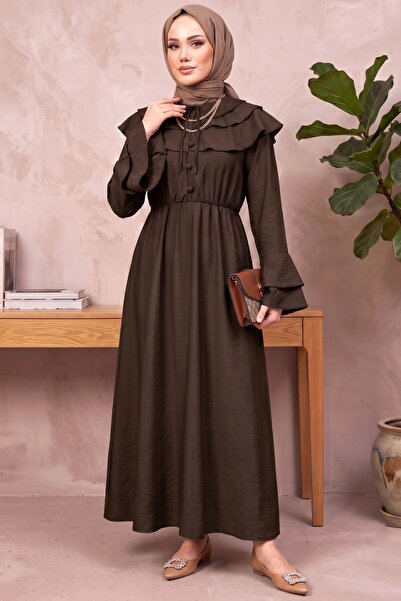 hadiora Button-Front Flounce Hijab Dress - Long Casual Dress with Ruffle Detail