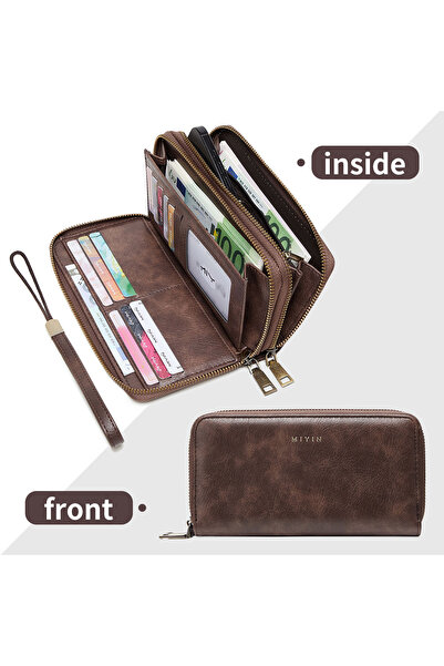 choice2 QB381-Coffee NEW RFID Blocking Vintage Large Capacity Double-Zipper W...