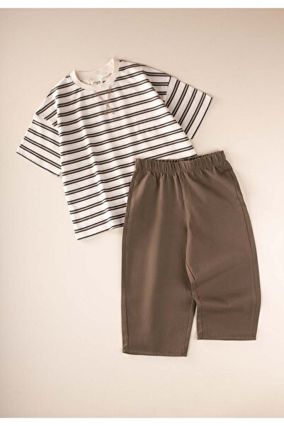 Cigit Oversize T-Shirt Wide Cut Trousers Set 2-10 Years Anthracite Striped
