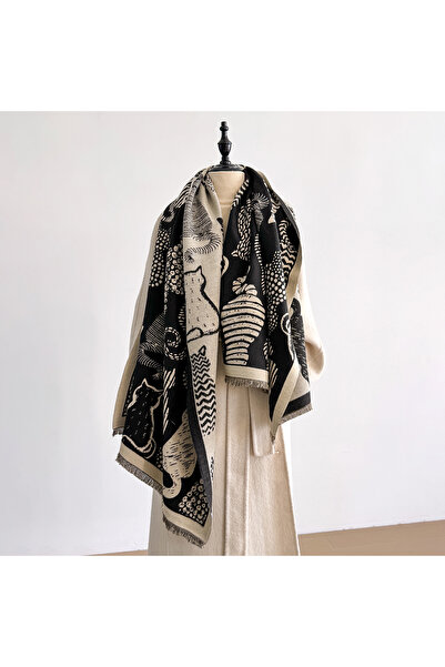 Choice4 black 2025 Luxury Fashion Womens Cat Pattern Shawl Faux Cashmere Warm...