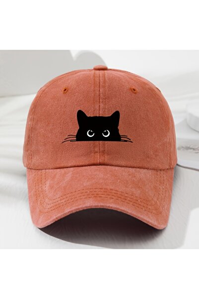 choice2 Adjustable Orange Cute cat print vintage washed baseball cap for men ...