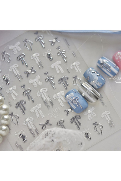 Choice3 1PCS White Silver Lace Bow Nail Stickers Luxury 5D Pearl Rhinestone S...