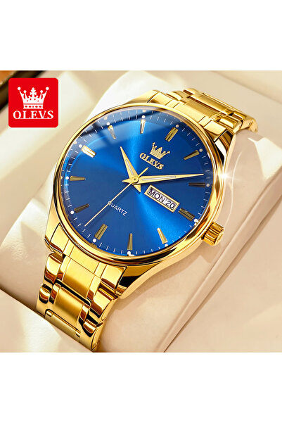 Choice3 All Gold Blue OLEVS 6898 Simple Quartz Watch for Men Stainless Steel ...
