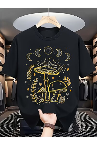 STITCHLY تي شيرت مطبوع بأكمام قصيرة بتصميم فطر وقمر، أنيق ومناسب للجنسين، صيف...
