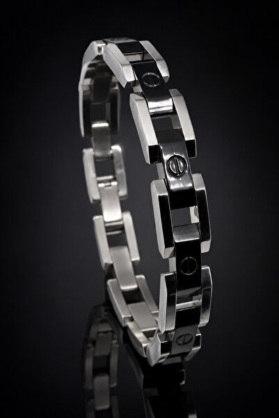 OSMANLI GÜMÜŞ Men's Steel Bracelet Black Silver Color Screw Model Steel Men's...