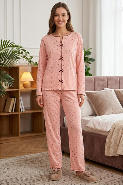 TOFİSA Long Sleeve Buttoned Pajama Set Salmon - 28592-Somon