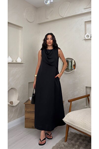 miraylawear WENDY SİYAH RENKLİ ŞAL DETAYLI KADIN MAXİ ELBİSE