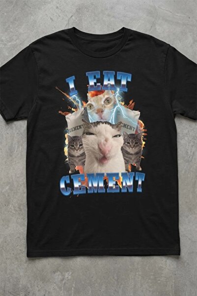 ARS Butik Μαύρο μπλουζάκι unisex με μιμίδια γάτες  "I Eat Cement "