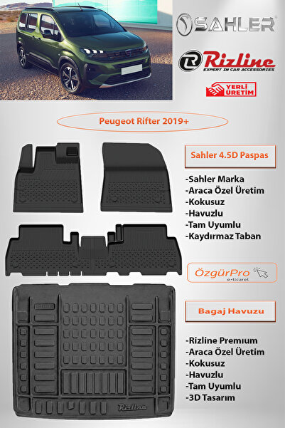 Sahler Peugeot Rifter 2019 ve Sonrası 4.5D Paspas Rizline Premıum Bagaj Havuz...