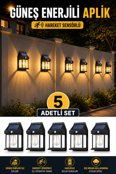 Binbirreyon 5 Adet Güneş Enerjili Aplik Solar Aydınlatma Hareket Sensörlü AG181