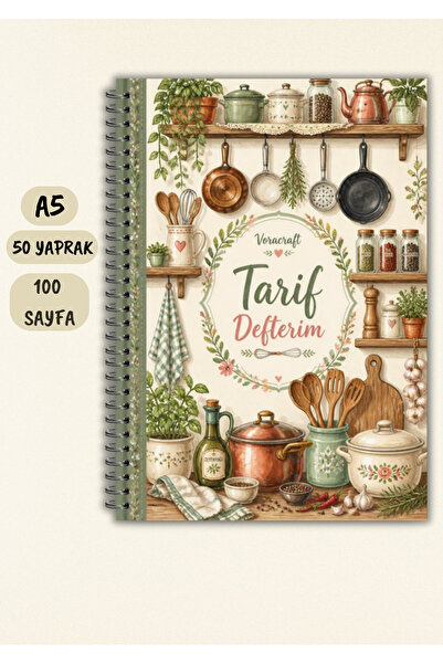 VORACRAFT Yemek Tarif Defteri, 50 Yaprak /100 Sayfa, A5 / Tel Spiral TRF0031