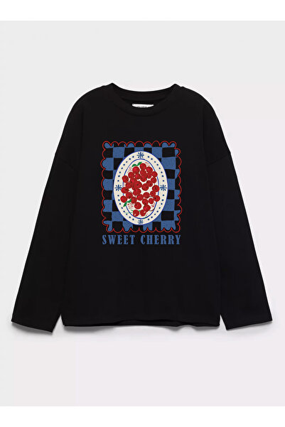 Disante %100 Pamuk Oversize Fit Sweet Cherry Baskılı - Bisiklet Yaka Uzun Kol...