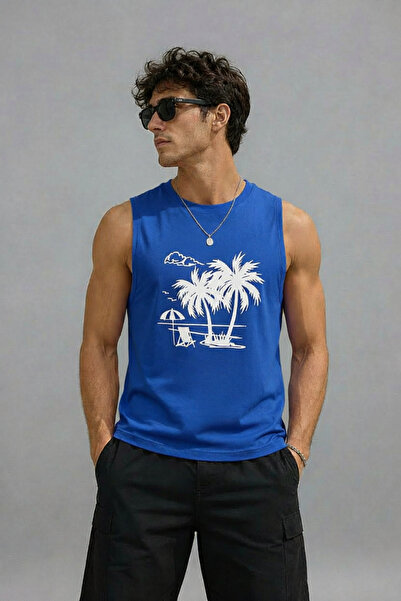 TREND EMMODA Men's Summer Themed Palm Tree and Sea Printed Zero Sleeve Round ...