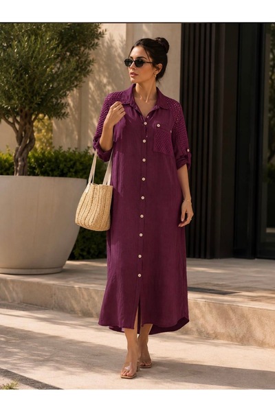 yusracollectionn Women's Italian Linen Mesh Detailed Buttoned Shirt Dress