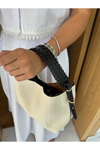 Tina İstanbul Knitted Leather Handle Linen Hand and Shoulder Bag Black