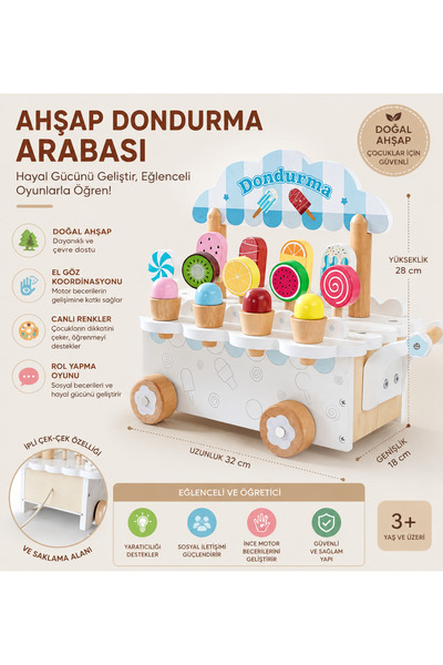 Genel Markalar Ahşap Dondurma Arabası Oyuncak – Eğitici ve Eğlenceli Rol Yapm...