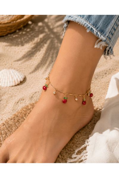 MODA MANANI Women's Gold Chain Anklet with Red Apple Figure and Stones