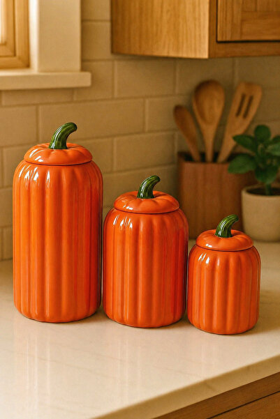 Woodcept. 3-Piece Orange Lidded Striped Porcelain Jar Storage Set, with Tea, ...