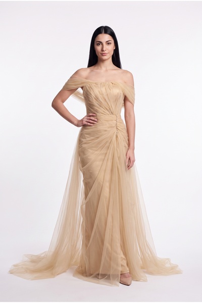 BDM Exclusive Premium Tül Drape Detaylı Straplez Uzun Abiye Elbise