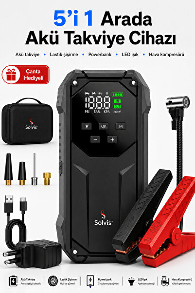 solvis 5'li Güç Şarjlı Akü Takviye Cihazı | Lastik Şişirici| Powerbank| El Fe...