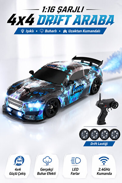 YILDIRIM OYUNCAK Uzaktan Kumandalı Şarjlı Işıklı ve Buhar Atan 4x4 Drift Araba – 2.4GHz 1:16 Ölçek LED Farlı Drift Lastikli RC Yarış Arabası 6+ Yaş