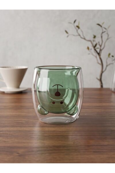 ASSA BAZAAR Double Walled Green Glass Mug with Teddy Bear