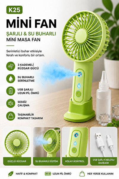 Coverzone Mini Fan Vantilatör Şarjlı Su Buharlı Taşınabilir Masa Fanı Buharlı...