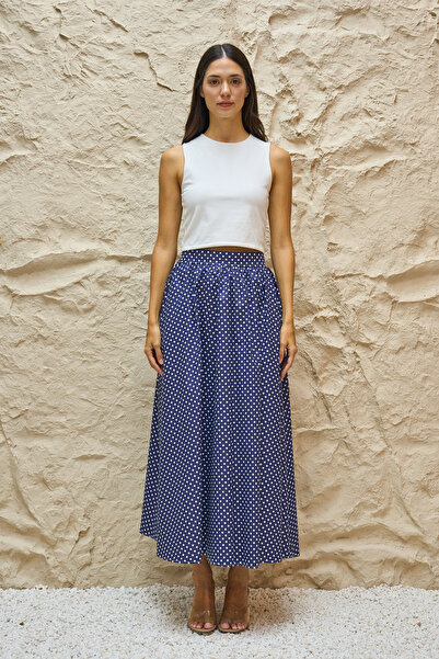 KÜÇÜĞÜM BUTİK Navy Blue Polka Dot Patterned Flared Poplin Skirt
