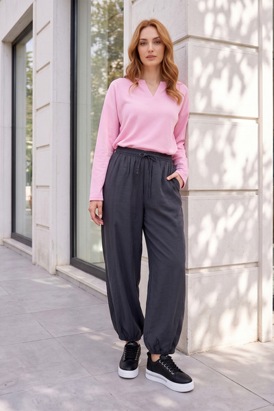 MODAQU Pantaloni din modal afumat, cu talie și tiv elastic, buzunare cu șireturi