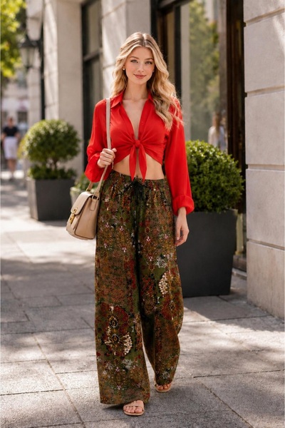 Bluewhs Women's 100% Viscose Woven Fabric Wide Leg Summer Patterned Trousers ...