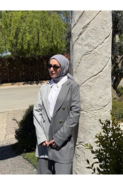 zem moda Kadın Tesettür Çizgili Astarlı Blazer Ceket Kruvaze Gold Düğme Detaylı